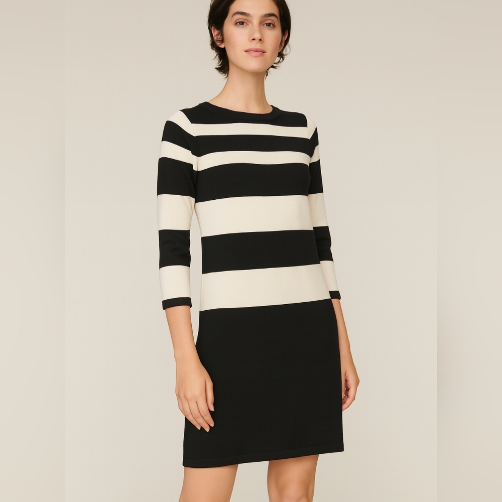 Club Monaco Black and Cream Striped Long Sleeve Dress